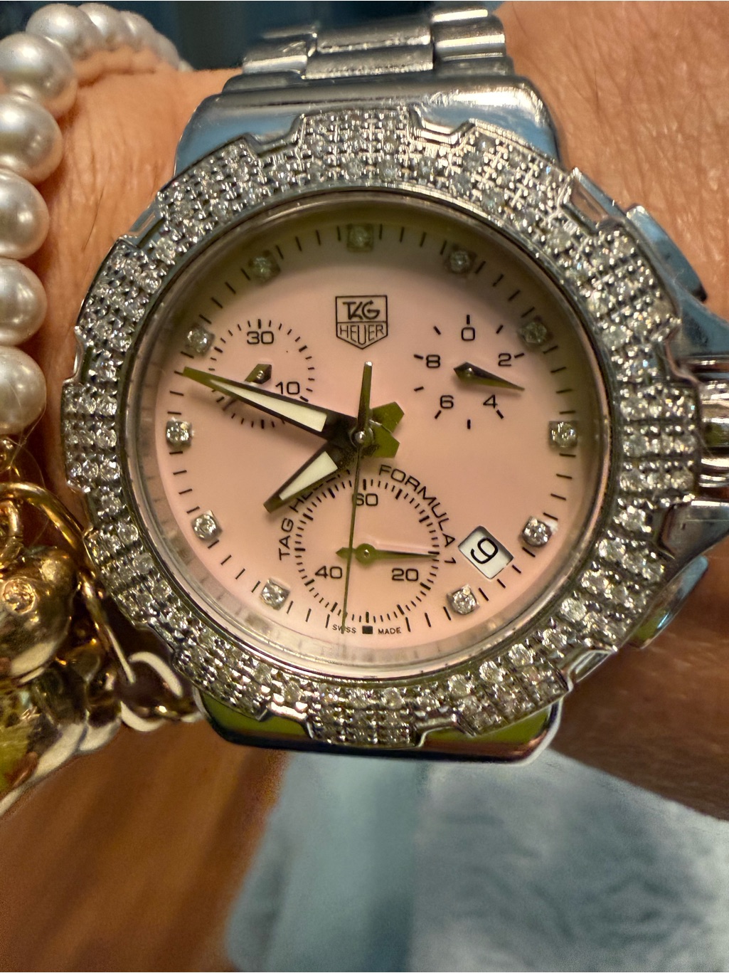 Tag Heuer Pink Dial Diamond Bezel Chronograph Watch
